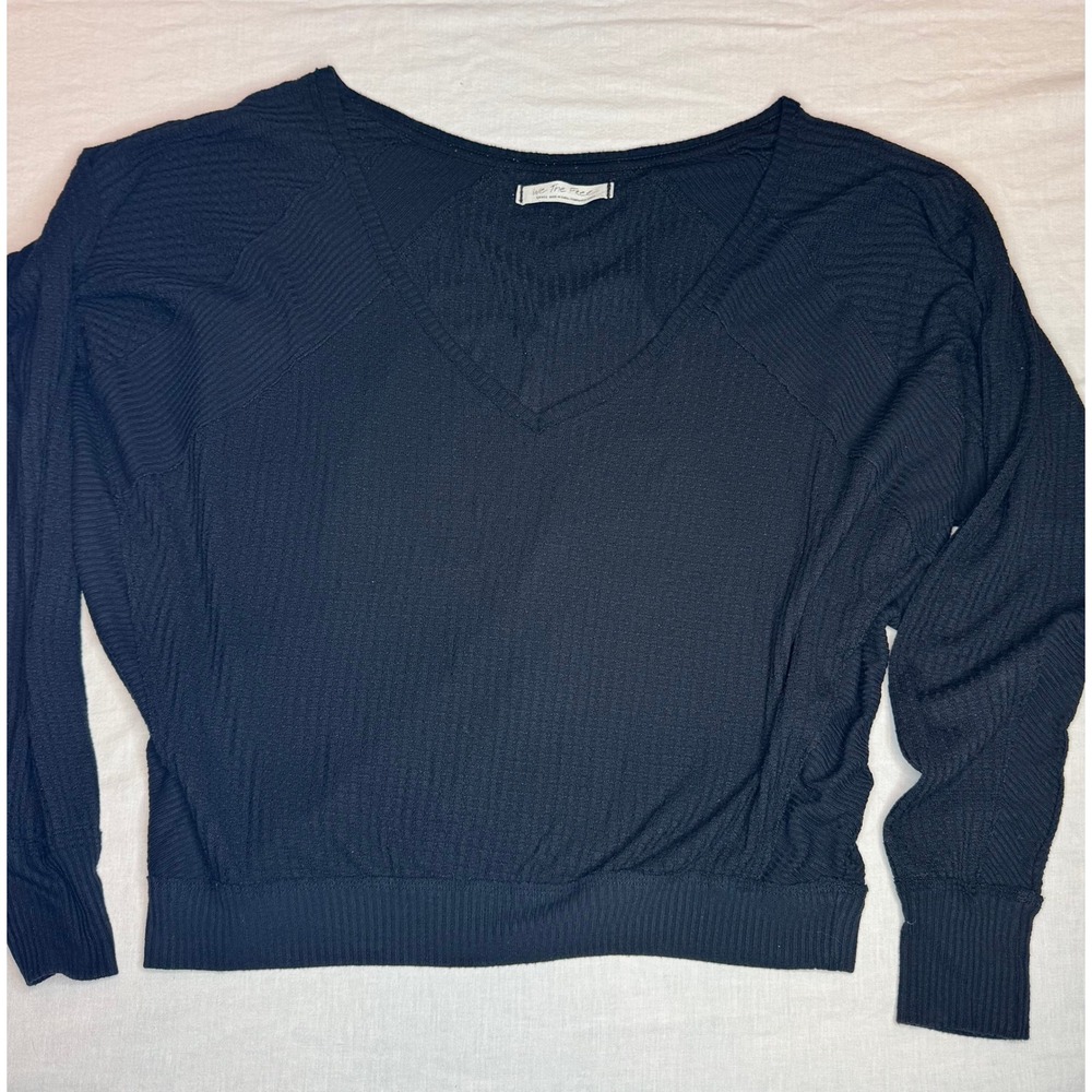 We The Free Free People Black V-Neck Thermal Waffle Knit Top Small OB967840